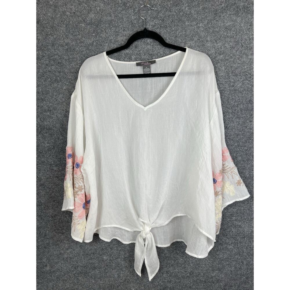 Olivia & Martin Blouse Size XL White Light Weight Embroidered Sleeves Tye Waist